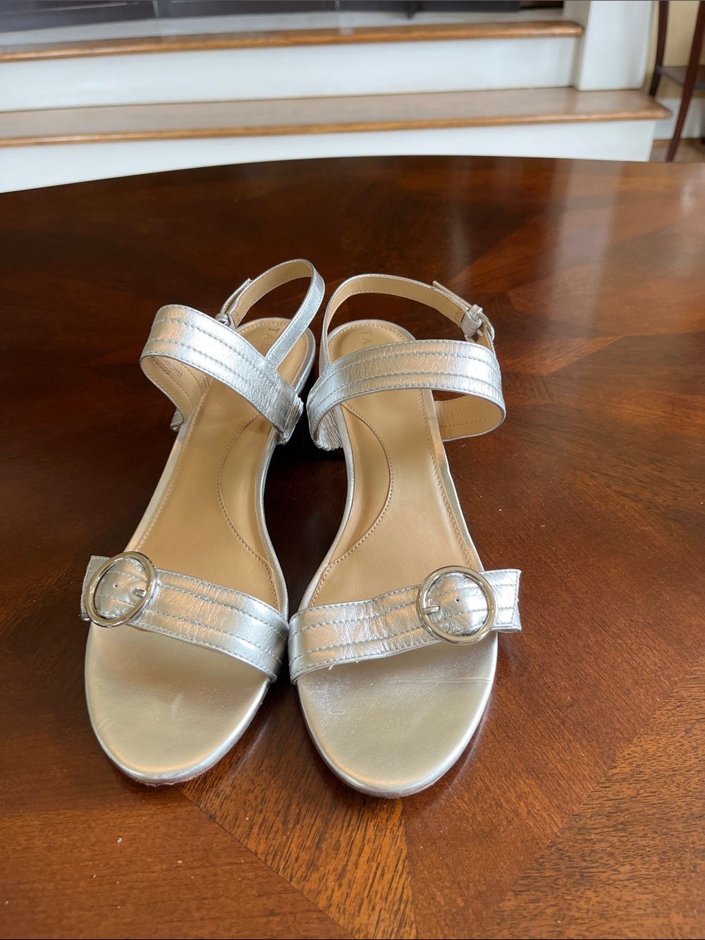 Talbots Silver Low Block Heel Sandals with Buckle